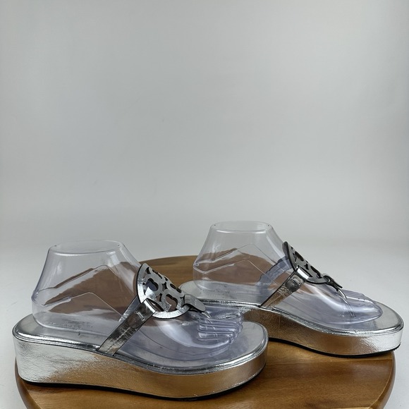 Tory Burch Shoes - Womens Tory Burch Miller Platform Metallic Silver Leather Wedge Sandals Size 8.5